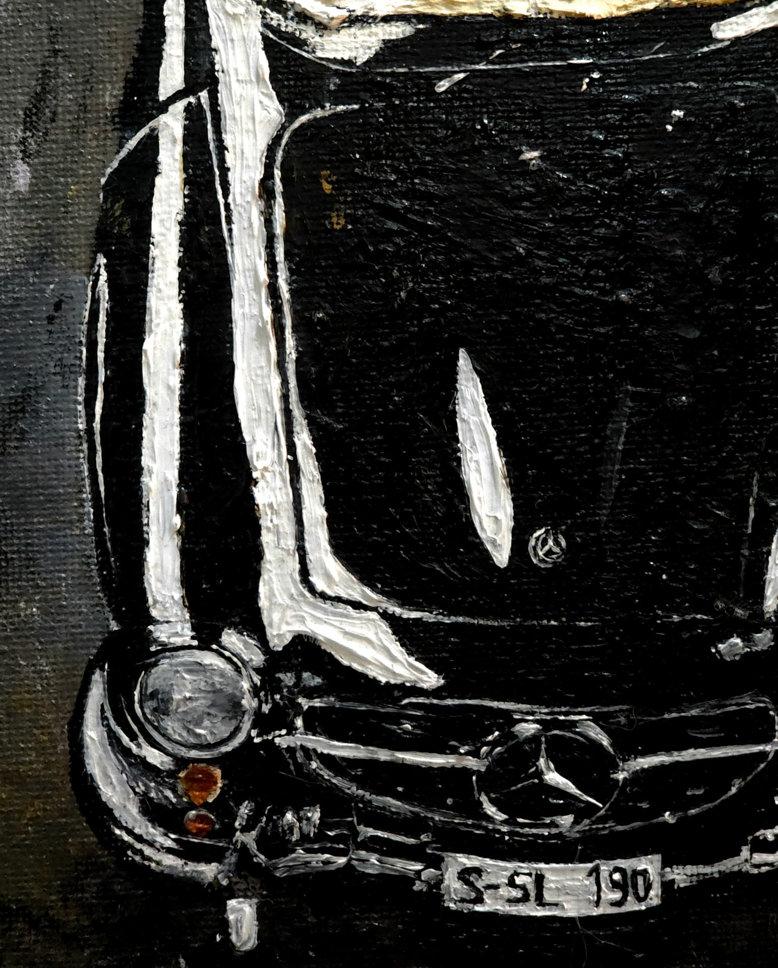 Macro detail of oil paint brushwork on an automotive fine art canvas