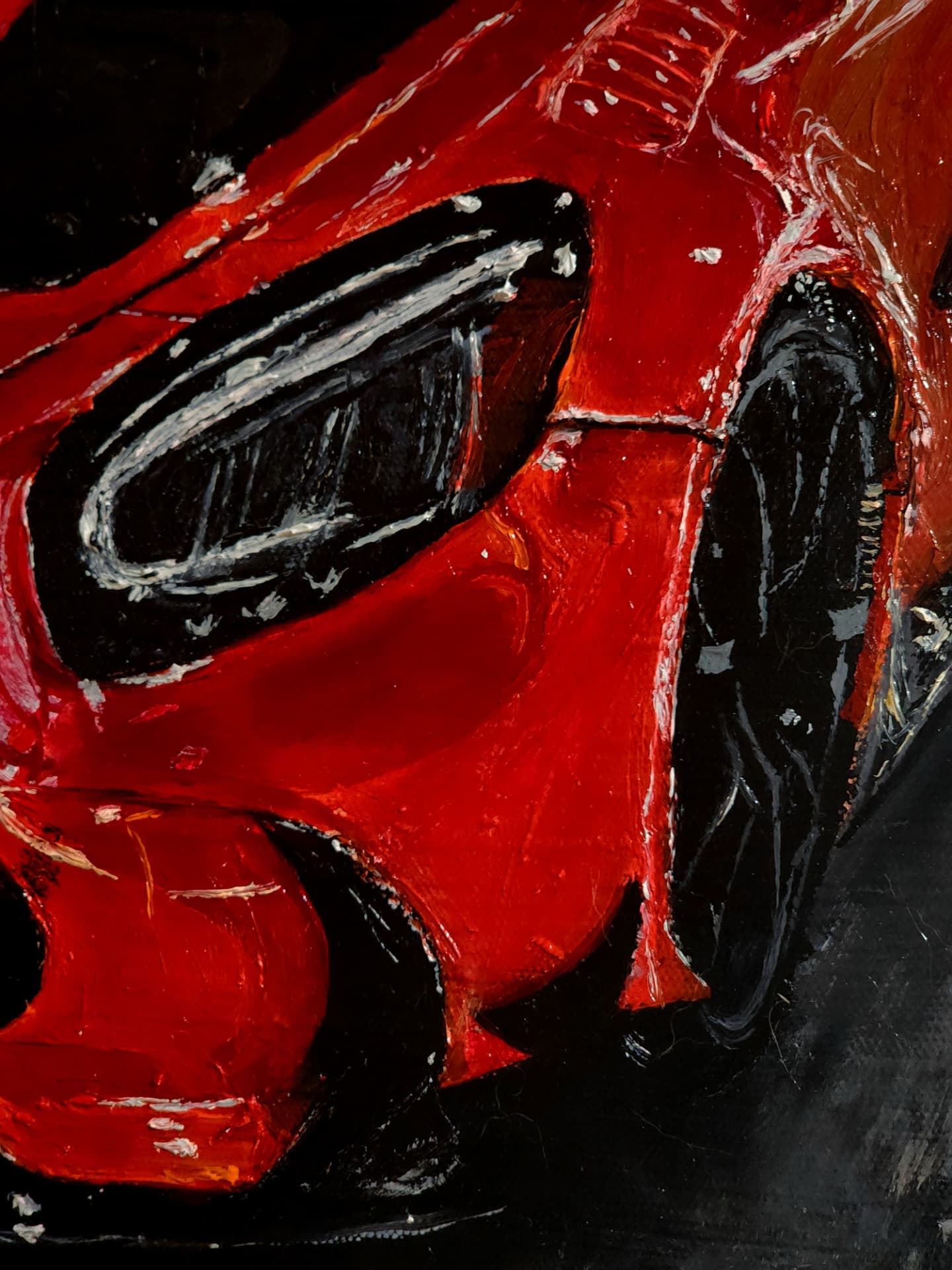 Macro detail of oil paint brushwork on an automotive fine art canvas
