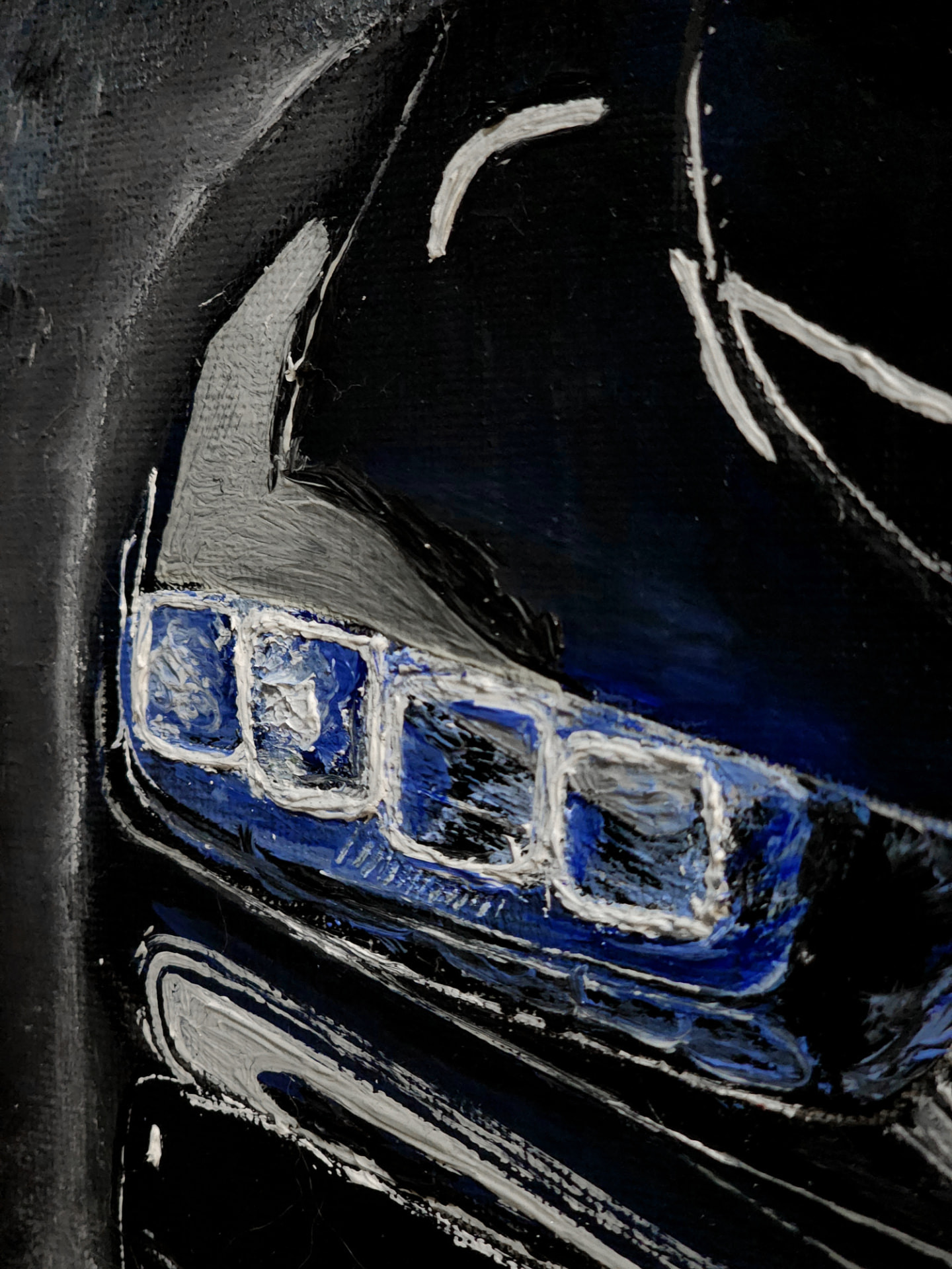 Macro detail of oil paint brushwork on an automotive fine art canvas